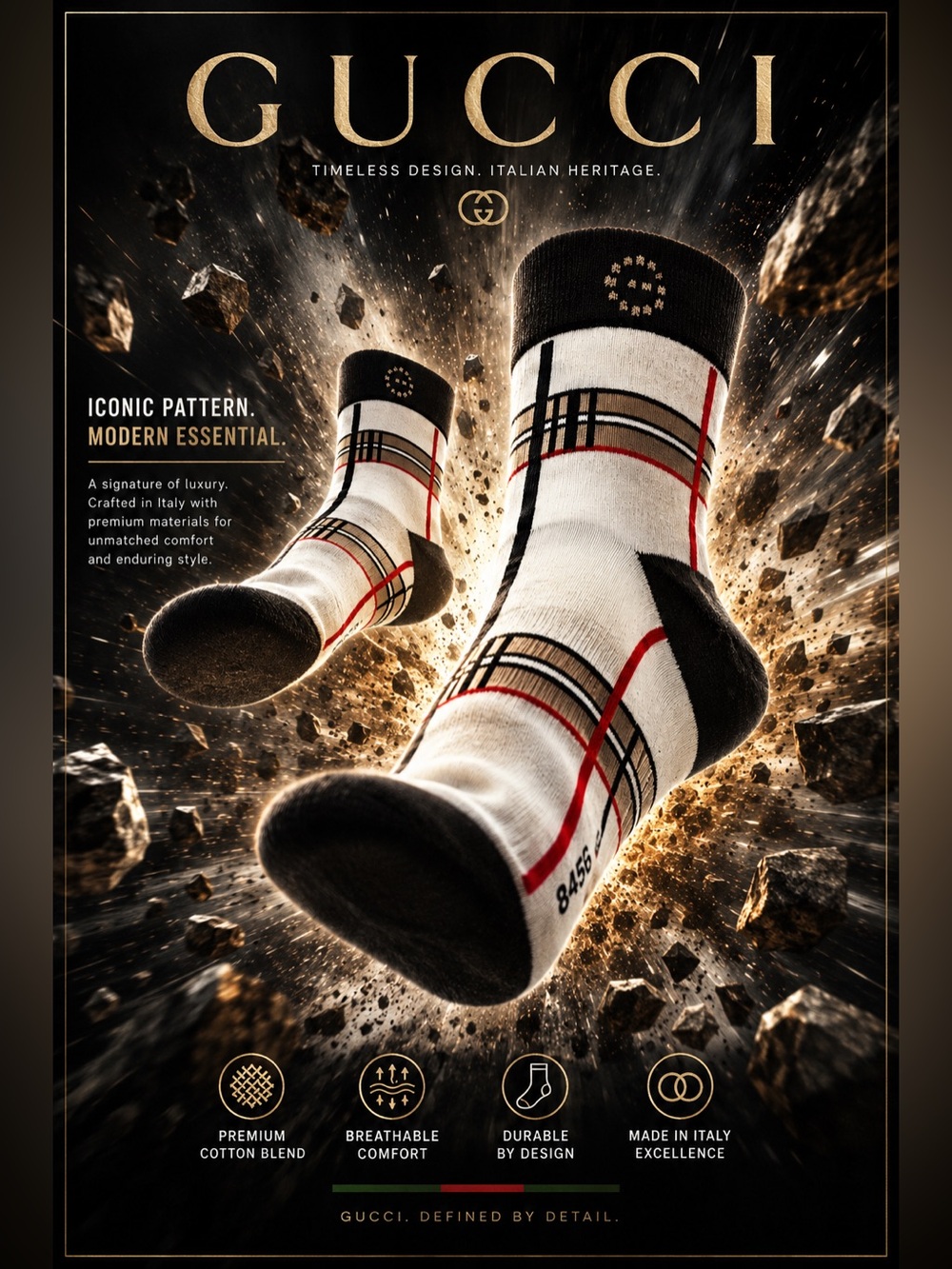 New! Men's Gucci Cream Plaid Ankle Socks - Brown Accents